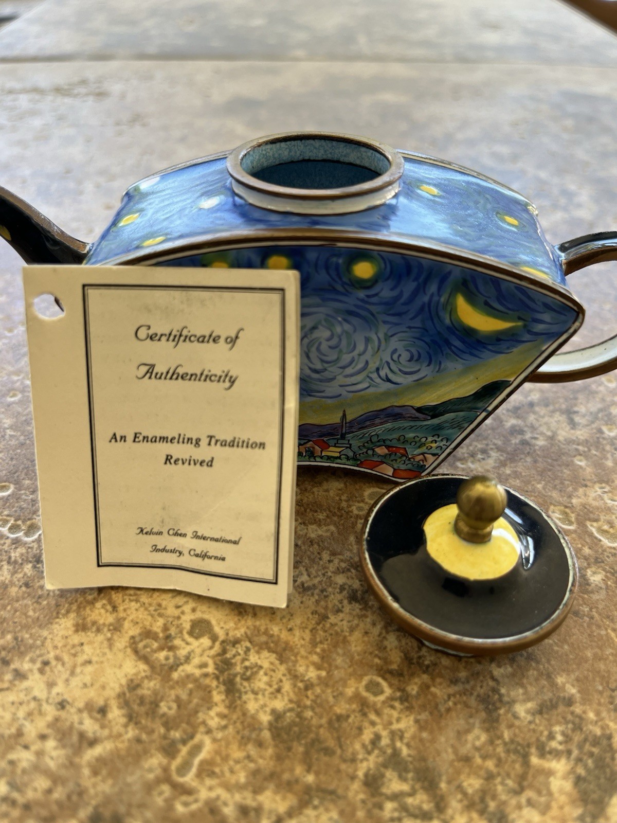 KELVIN CHEN ENAMELED MINIATURE TEAPOT VAN GOGH STARRY NIGHT – 2001 – WITH PAPER