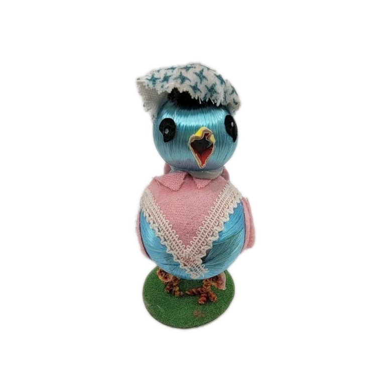 Vtg Bird Spun Blue Pink Cotton Chenille Blue Bird Figurine With Bonnet H3