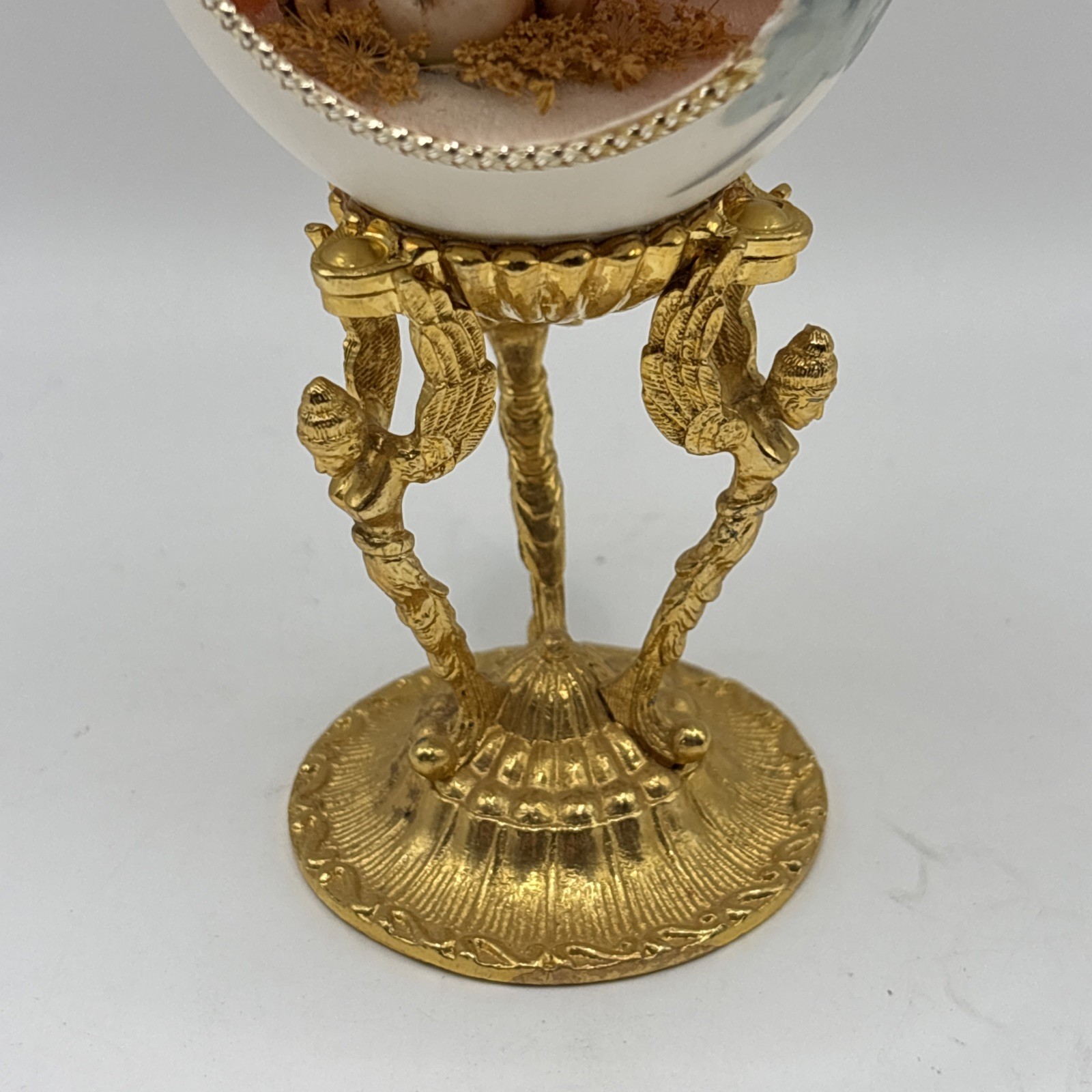Faberge Egg Style Diorama Cherub Flute Gold Tone Stand Hand Painted Signed 1978