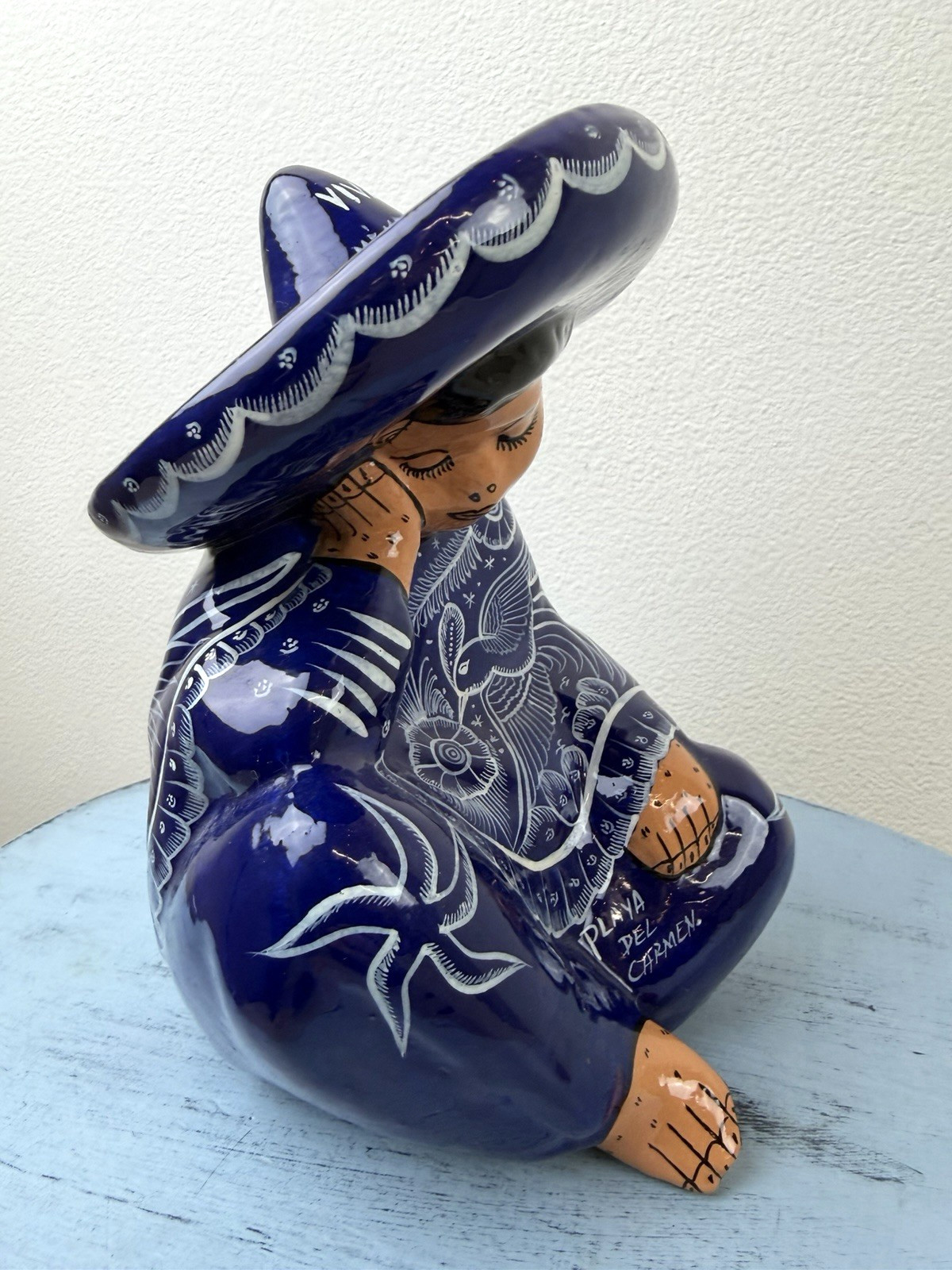 Vtg Talavera Ceramic Boy Figurine Blue & White Mexican Pottery Playa Del Carmen