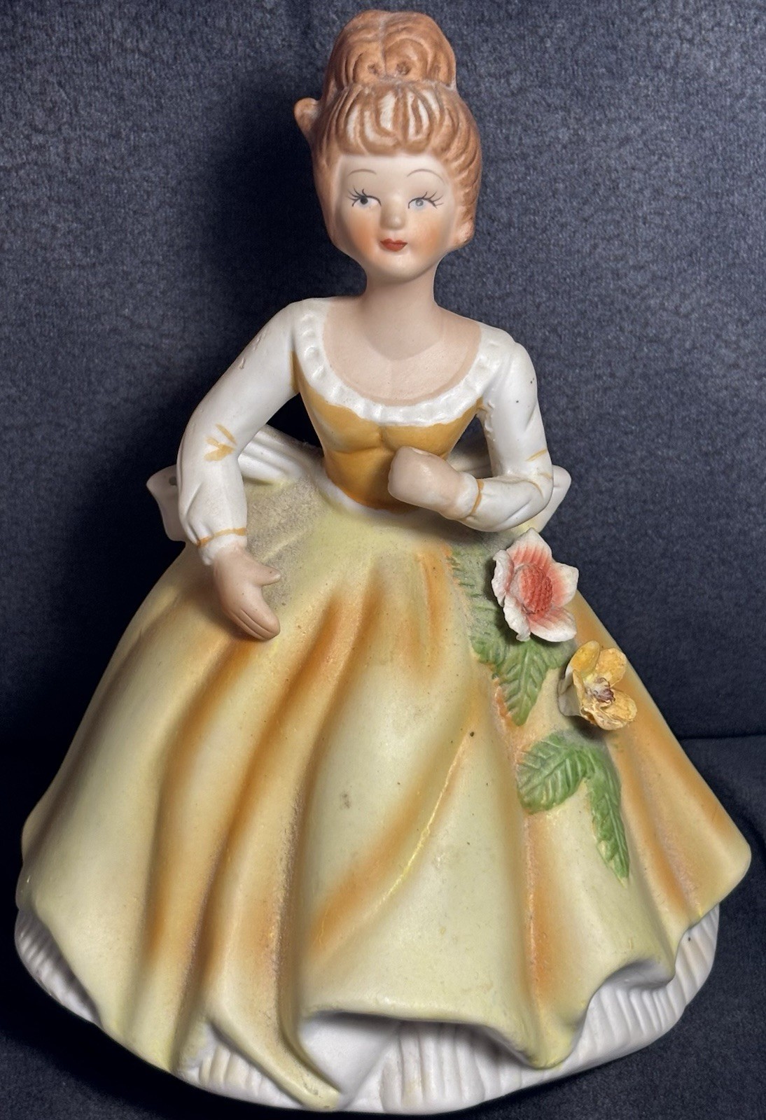 Vintage Porcelain Music Box Figurine – Victorian Lady in Yellow Dress – Works