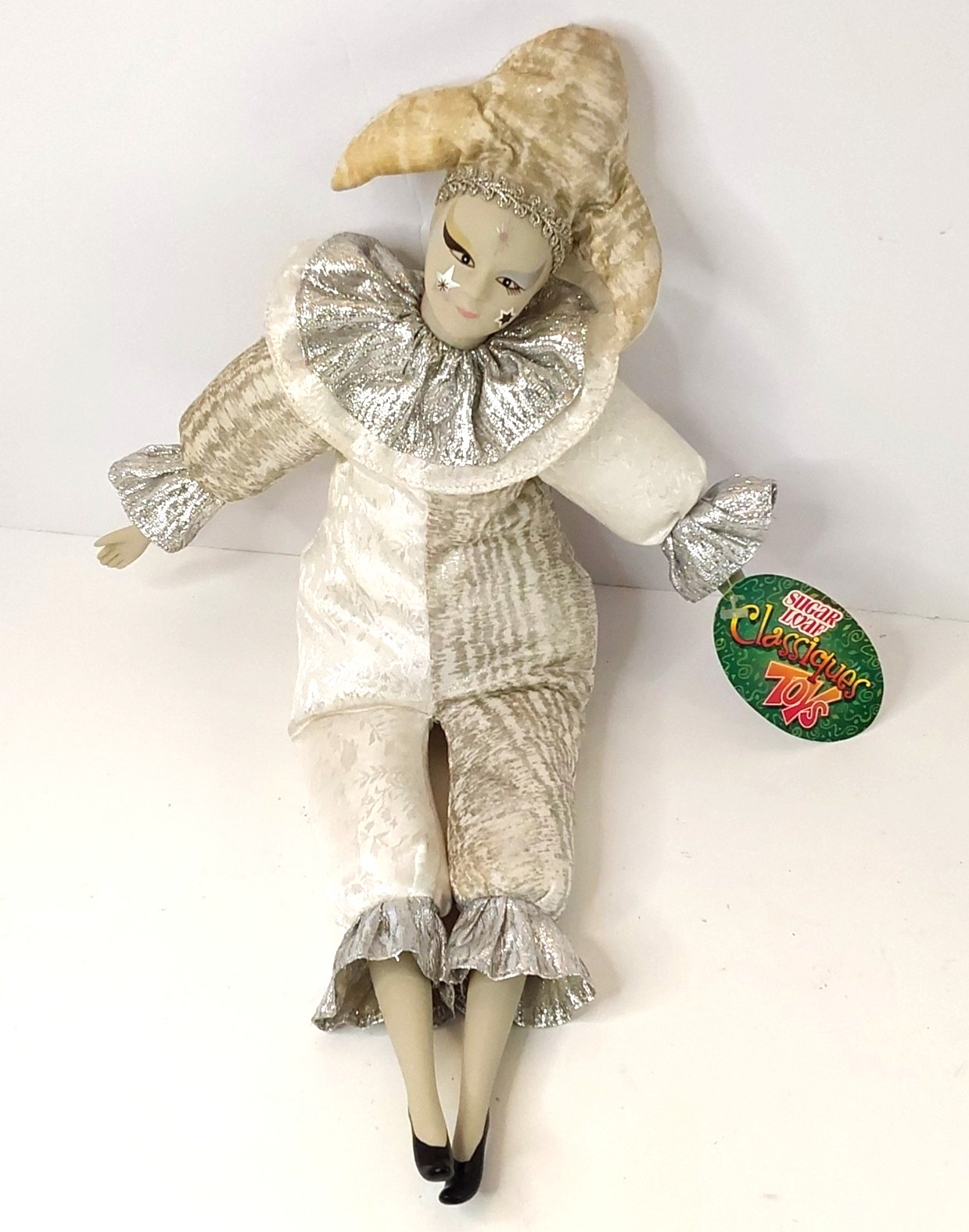 Sugar Loaf Harlequin Jester, Silver and White with Stars, Sitting Position