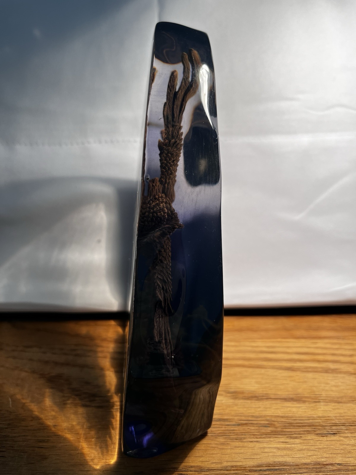 LUCITE & Wood Wetland Owl In Flight, 3-D Resin Figurine Paper Weight Carved EUC