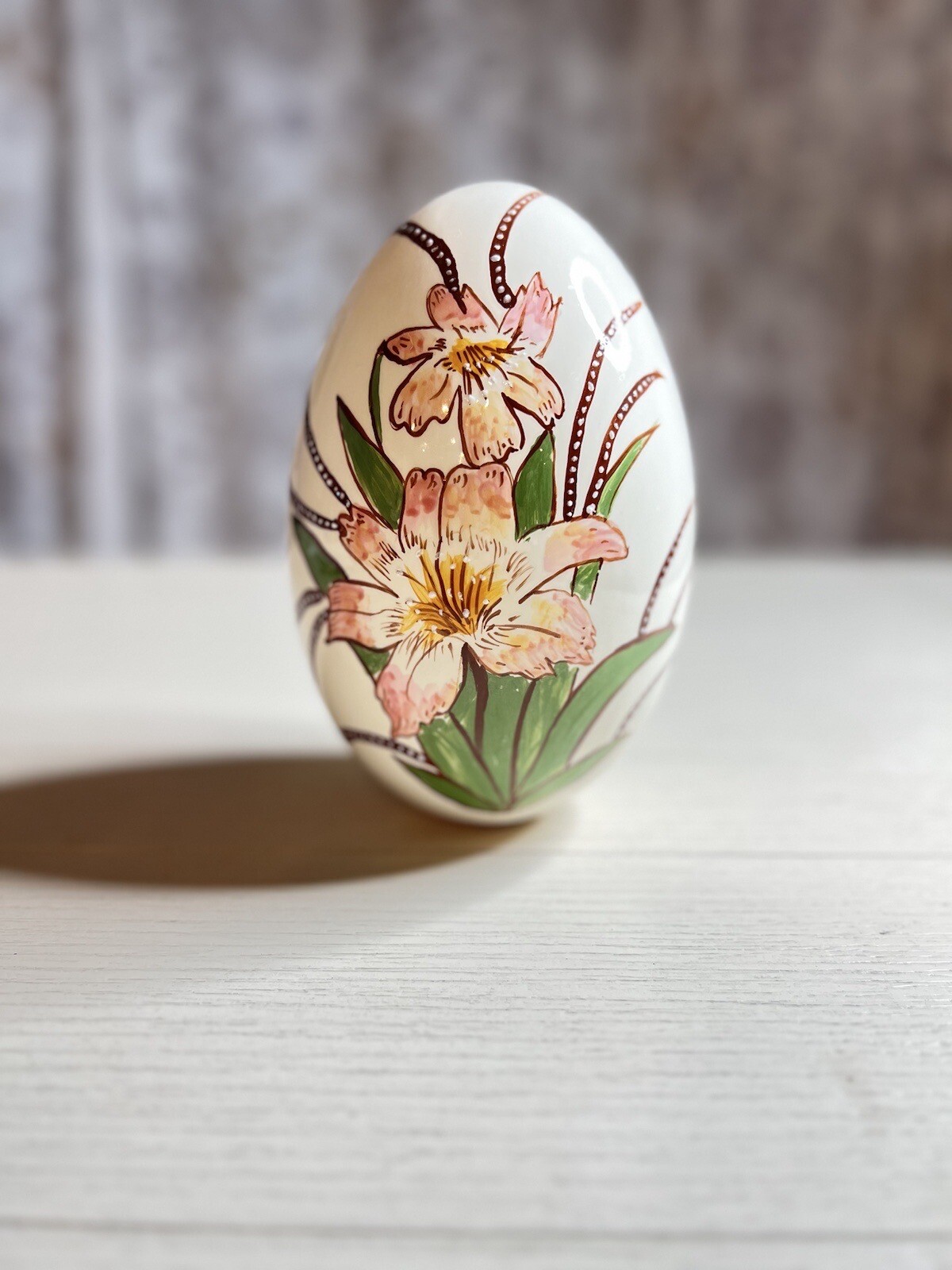 Large Vintage Porcelain Egg Flowers Signed H. Pine