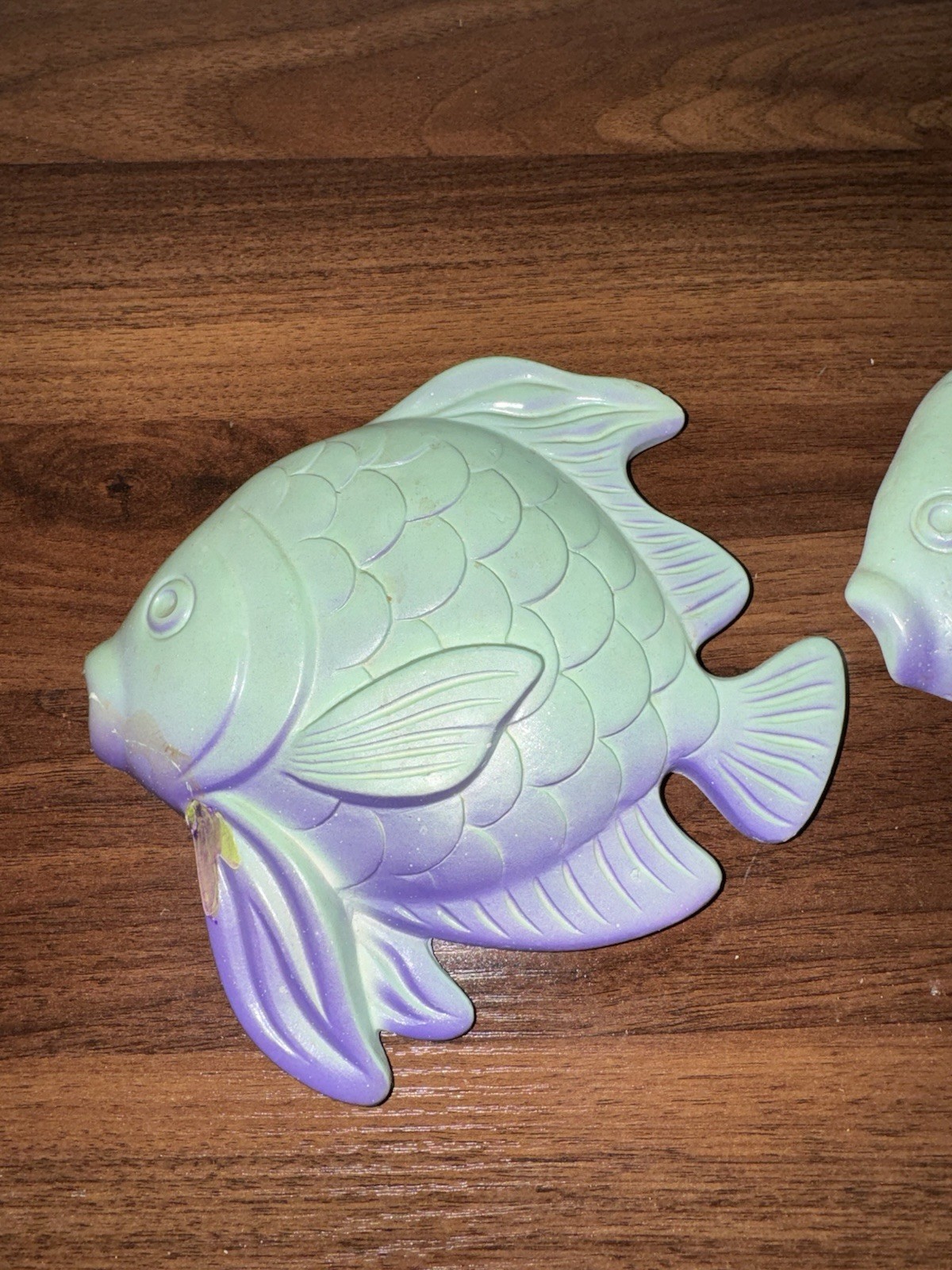 Vintage Miller Studios 1978 Fish Chalkware Set Of 2 Bright Teel Green & Purple