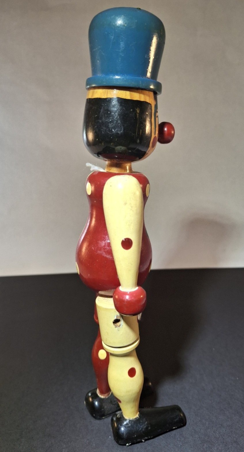 Vintage Wooden Standing Clown Doll Figurine Painted Jointed Wood Figure 9″
