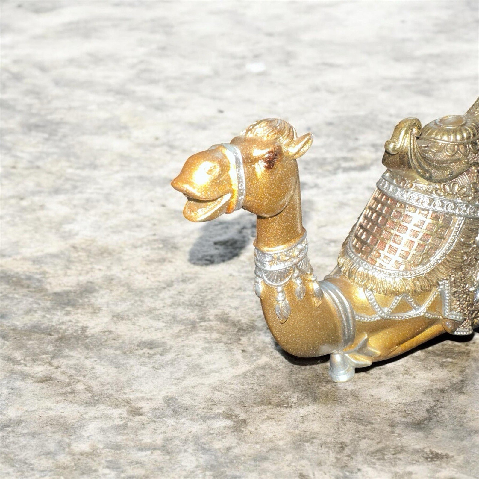 Metallic Gold Silver Camel Figurine Sculpture with Textured Carvings