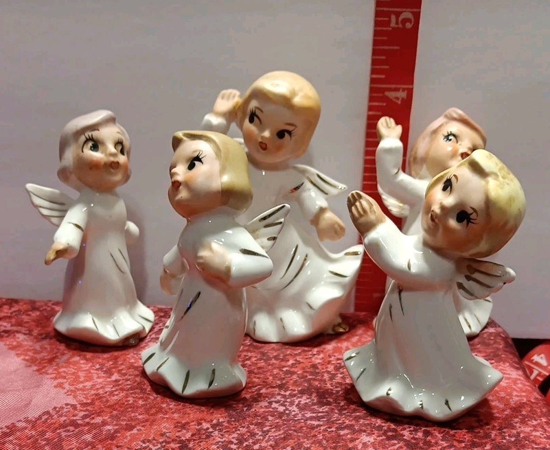 5 Vtg Hark Sisters Singing Dancing Angels White Gold ~ Japan Kitschy
