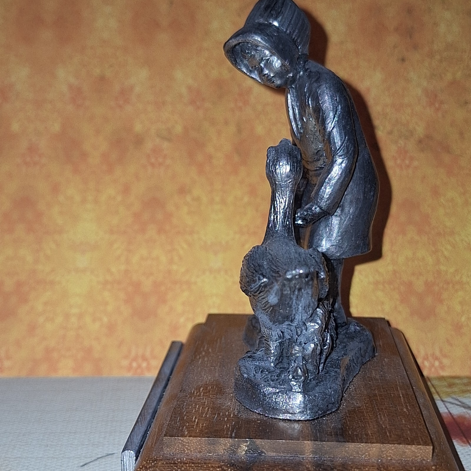 Pennsylvania Dutch Michael Ricker Signed Pewter Amish Girl w/ Goose 4″