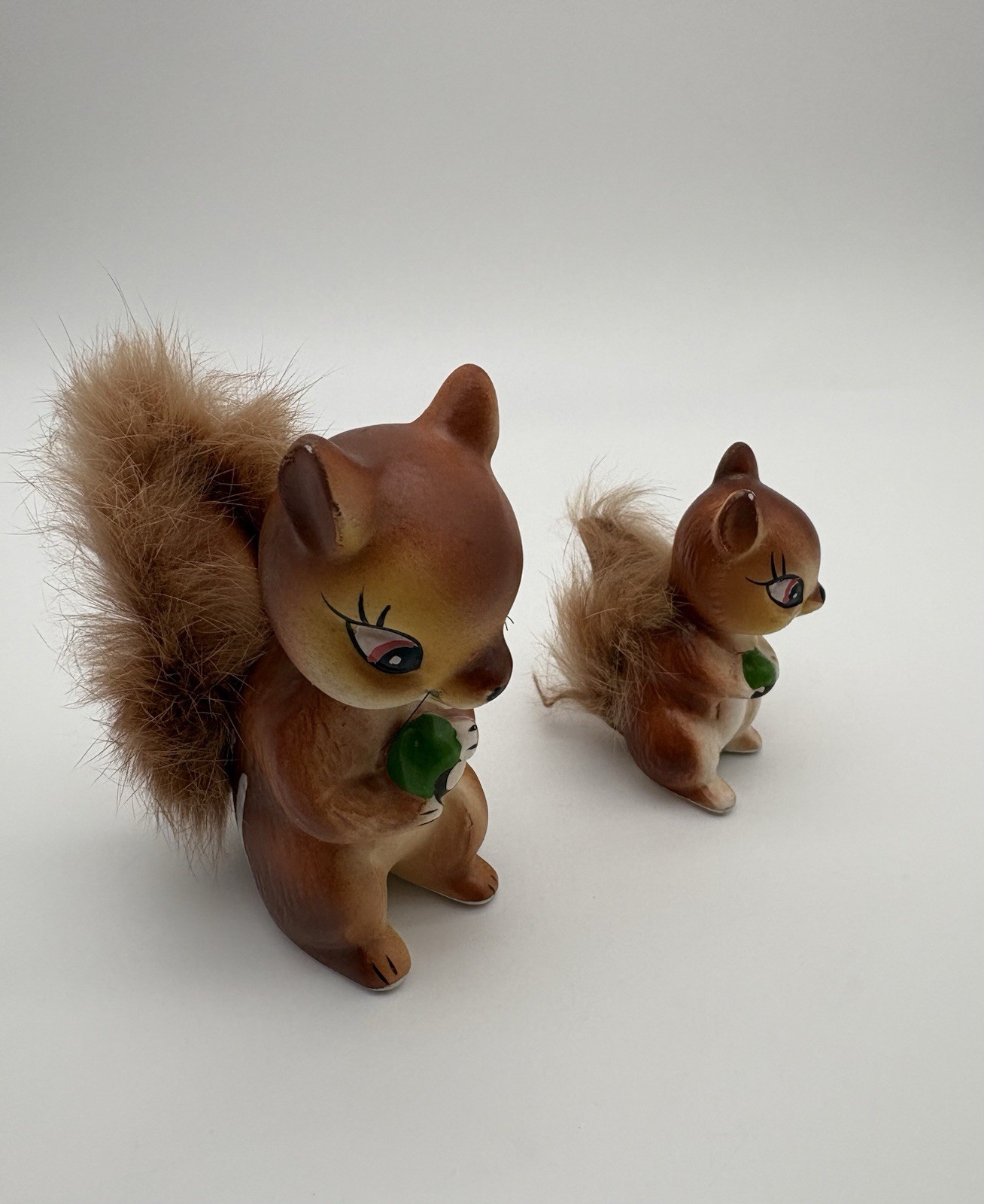 2 Vintage MCM Ceramic Squirrel Chipmunk Figurines Fur Tails 50s Baby Kitschy