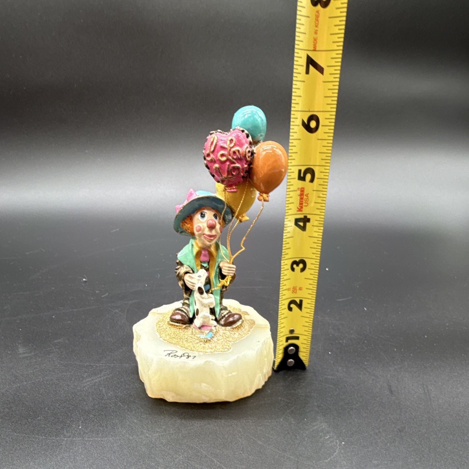 Ron Lee signed hand-painted clown figurine with balloons on stone base, 1987
