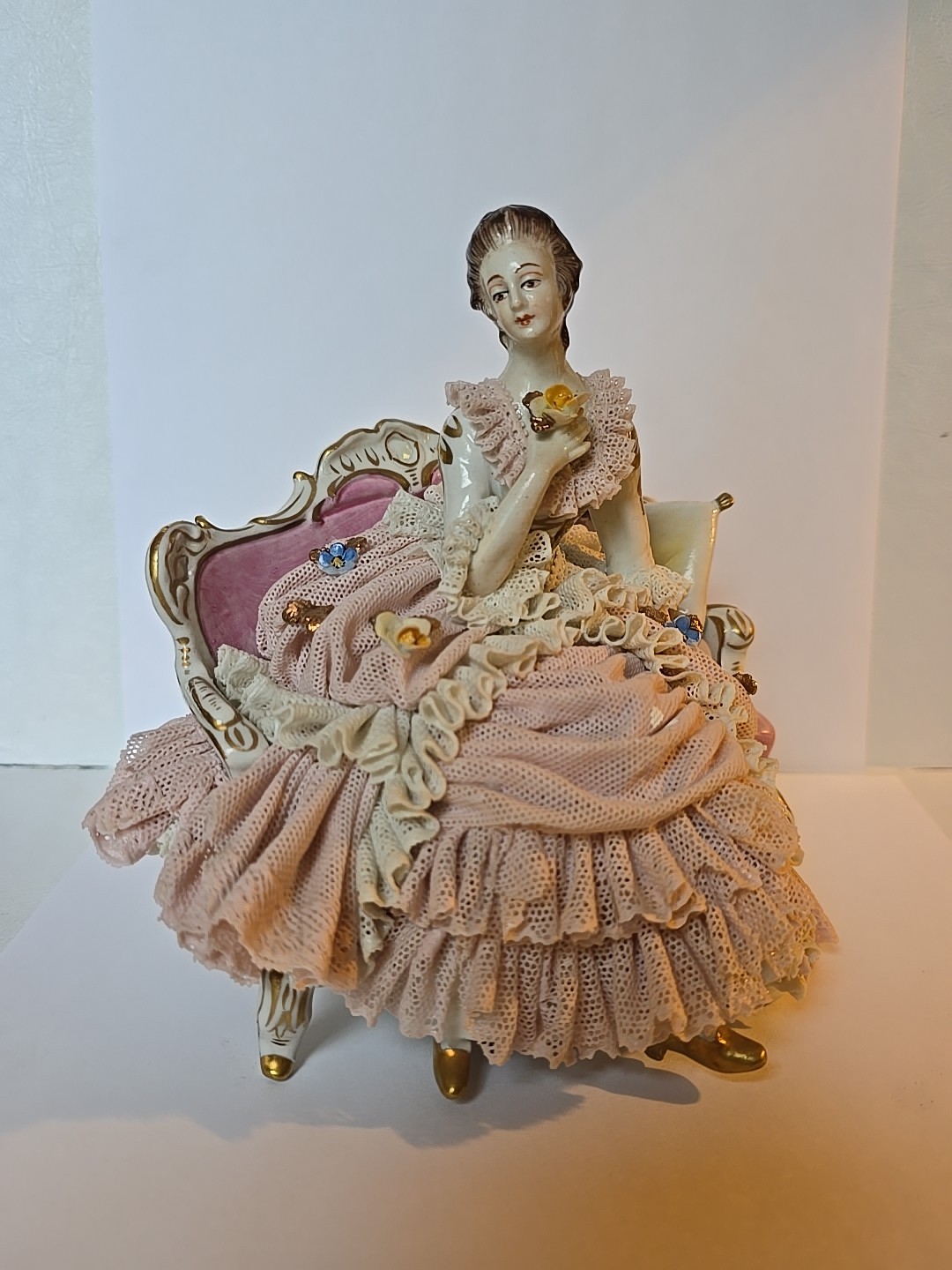 Antique Sitzendorf Porcelain Lace Figurine, Lady On Couch, Dresden Germany