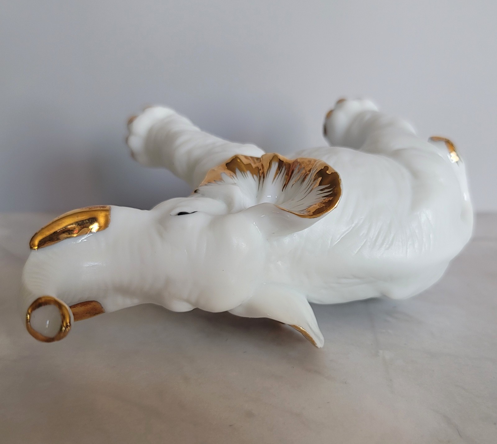 Vintage Matte & Glossy White Elephant Figurine w/ Gold Trim 4-1/2″ Tall 5″ Long
