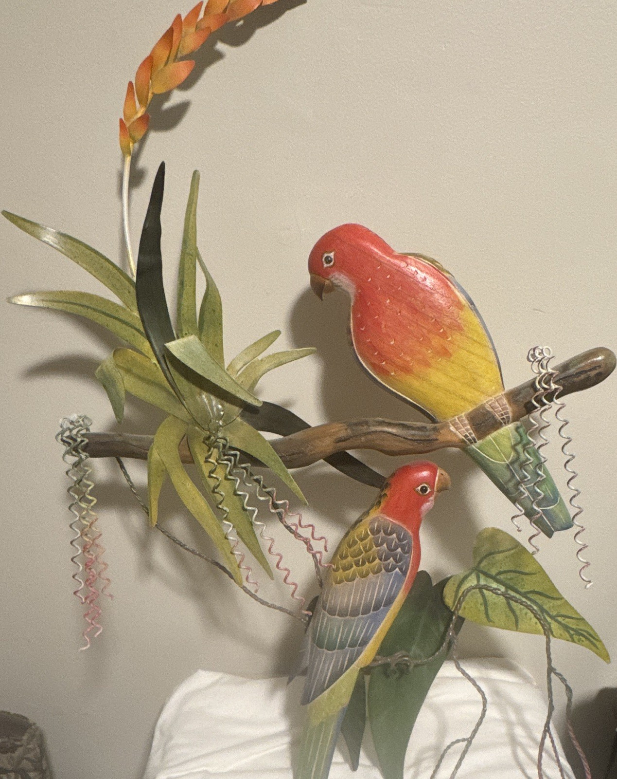 Joanne Ferrara Tropical Sculptural Wall Hanging Parrots Red/Orange/Yellow