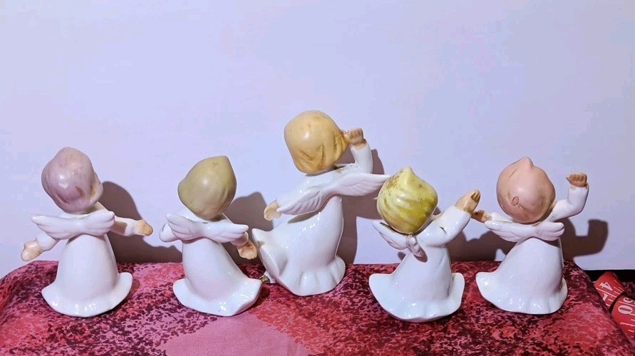 5 Vtg Hark Sisters Singing Dancing Angels White Gold ~ Japan Kitschy