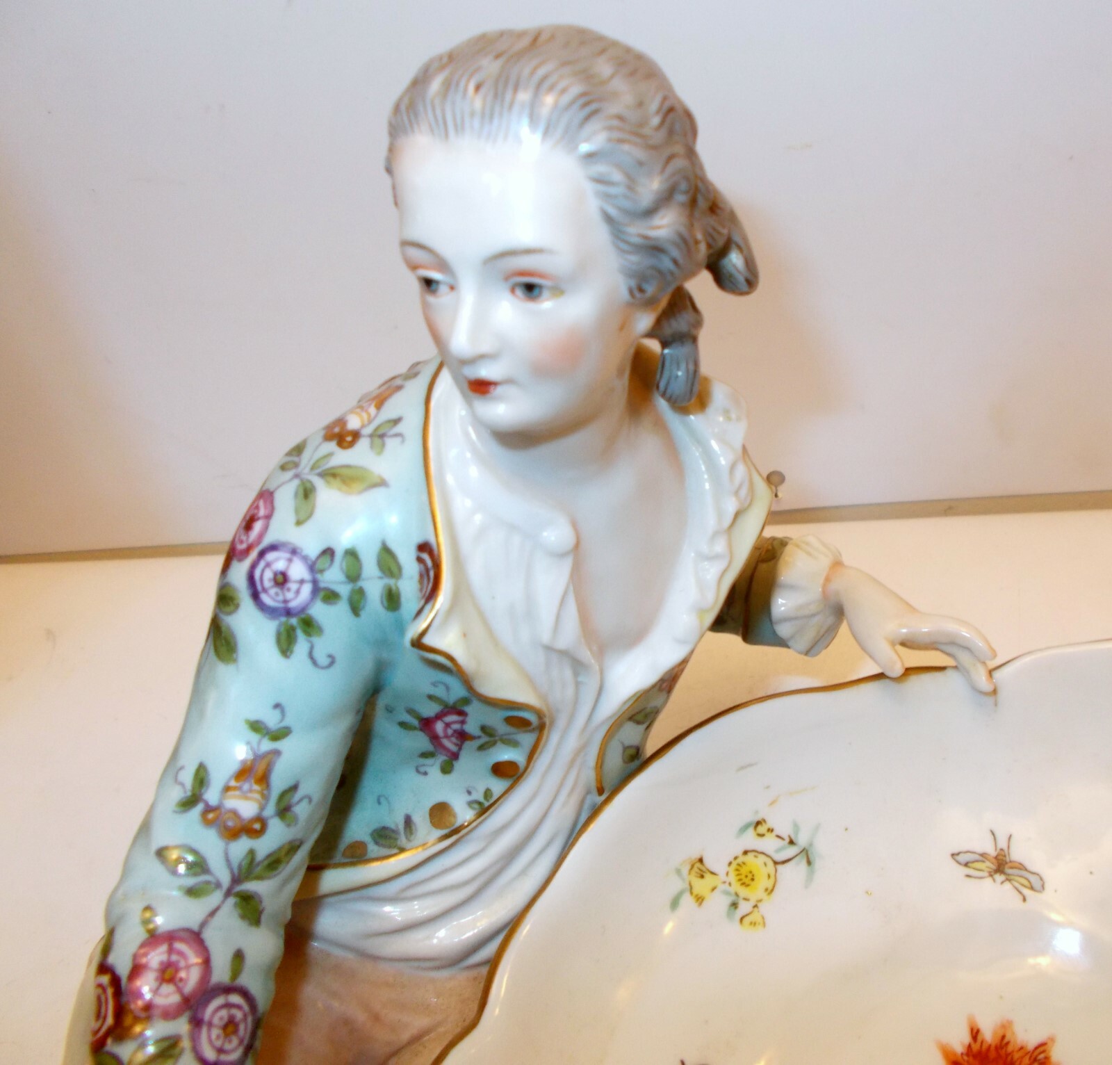 Antique CERAMIC FIGURE Sevres Meissen Style 18C Noble Tray Florals
