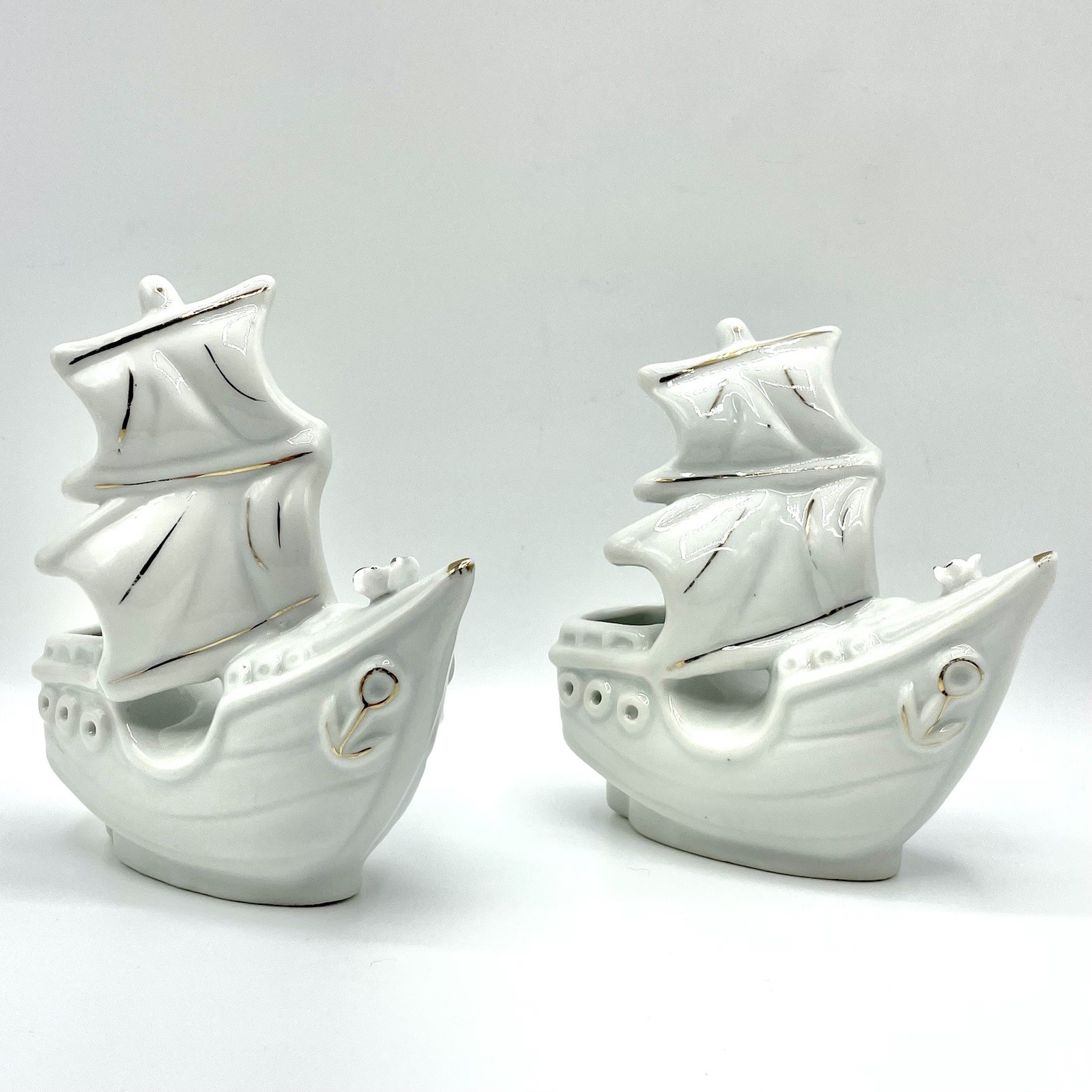 White Porcelain Sailboat Figurine Pair w/ Gold Accents | Nautical Coastal Decor