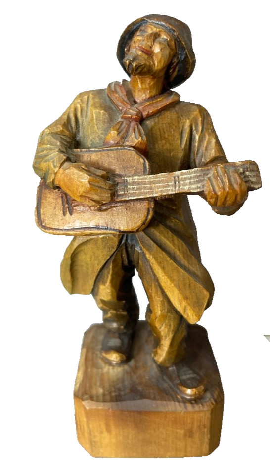 Vintage Anri Hand Carved Wooden Musician Guitar Player Figurine 7″