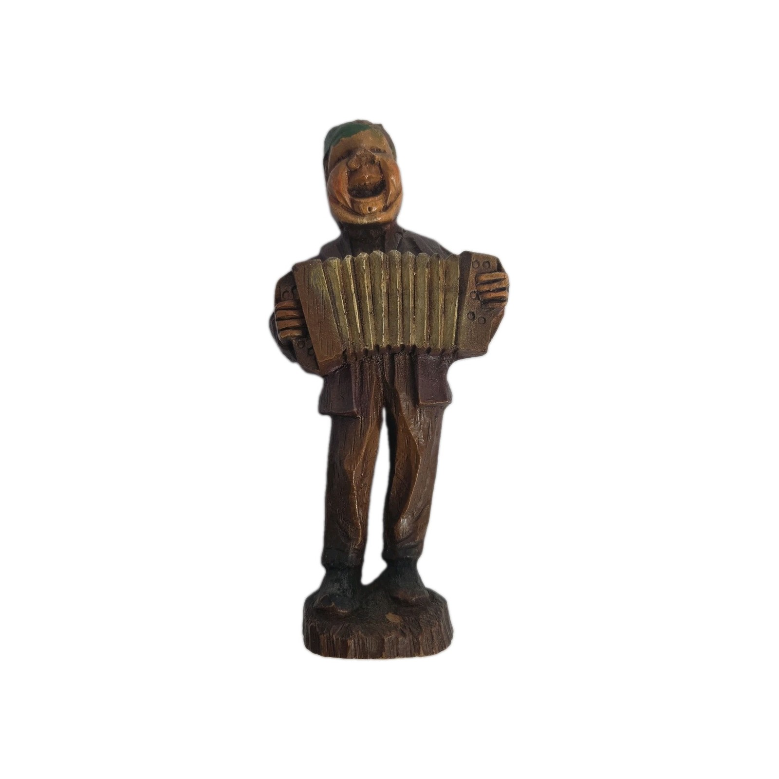 Vintage Wood Carved Man Holding Accordion Double Jolly Music Player Musican