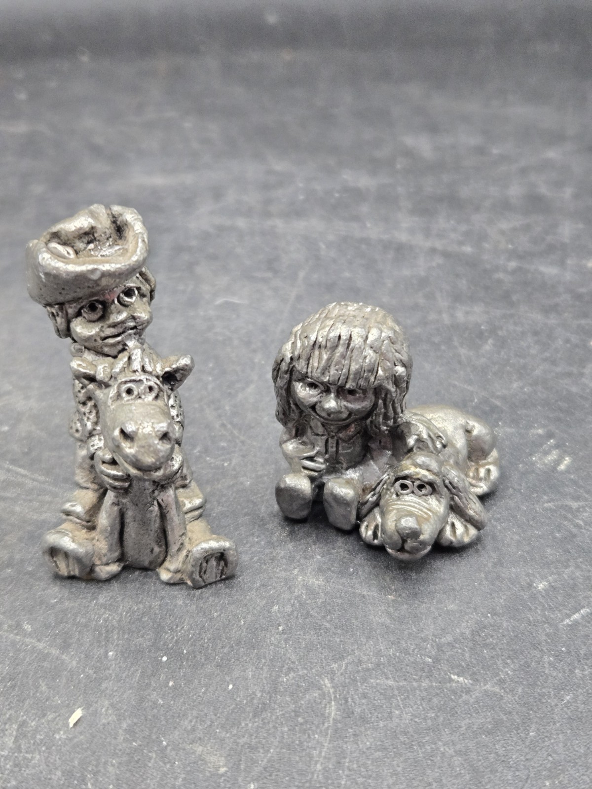 Vintage Pewter Mini Figurines Cowboy On Horse Girl With Dog 2″