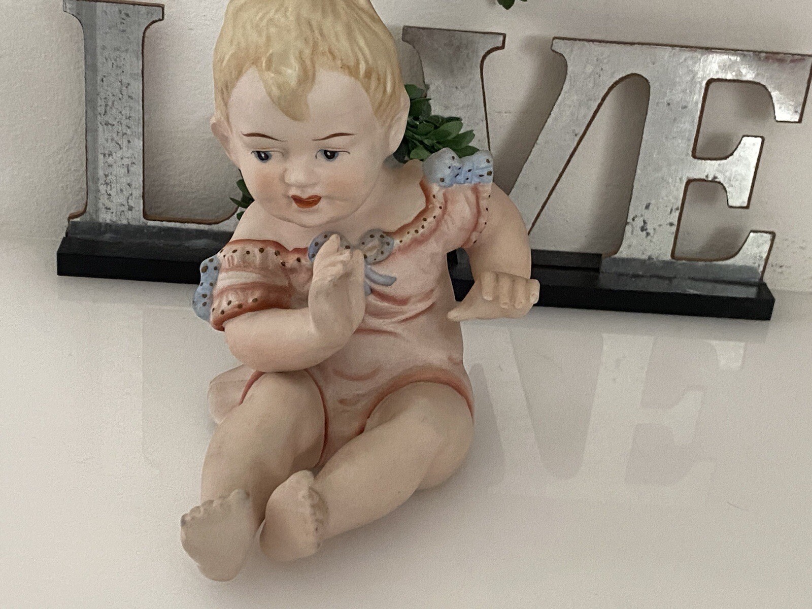Porcelain Bisque Piano Baby Boy Pink Dress Blue Bows Sitting Up Stamped 23/112