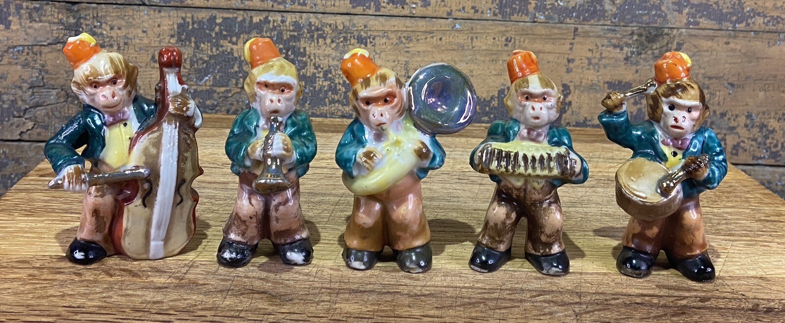 Ceramic Monkeys Playing Instruments Japan Five Total