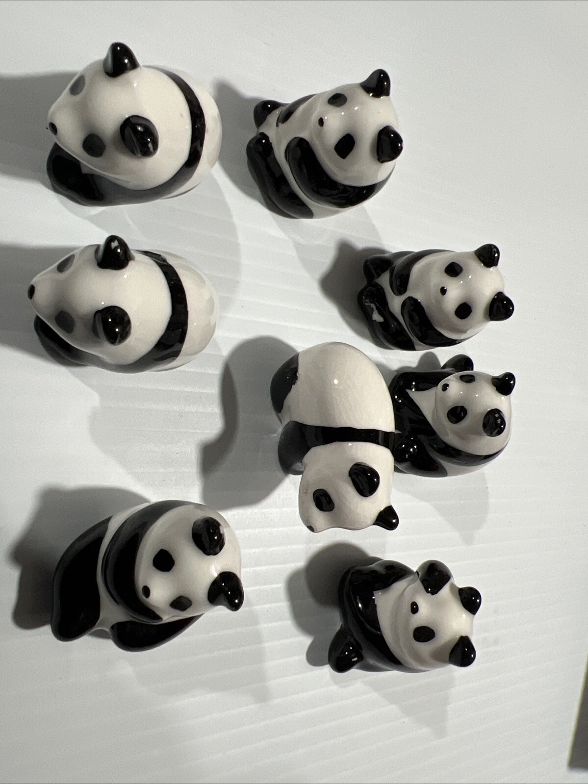 8 Panda Bear White Black Ceramic Glossy Figurines 1.75in – 2in Tall