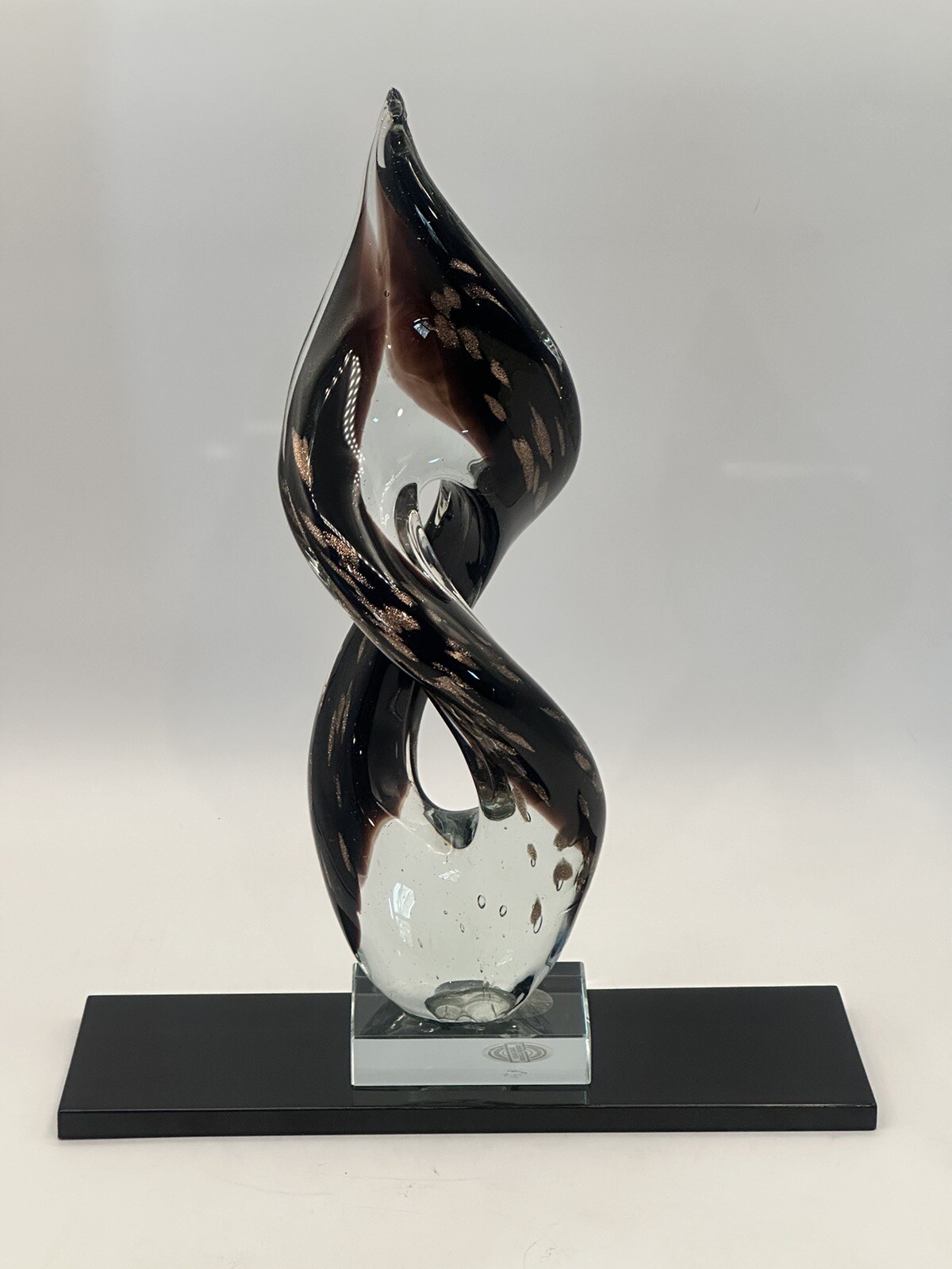 Burgundy Cased Glass Art Sculpture On Glass Base With Wooden Platform