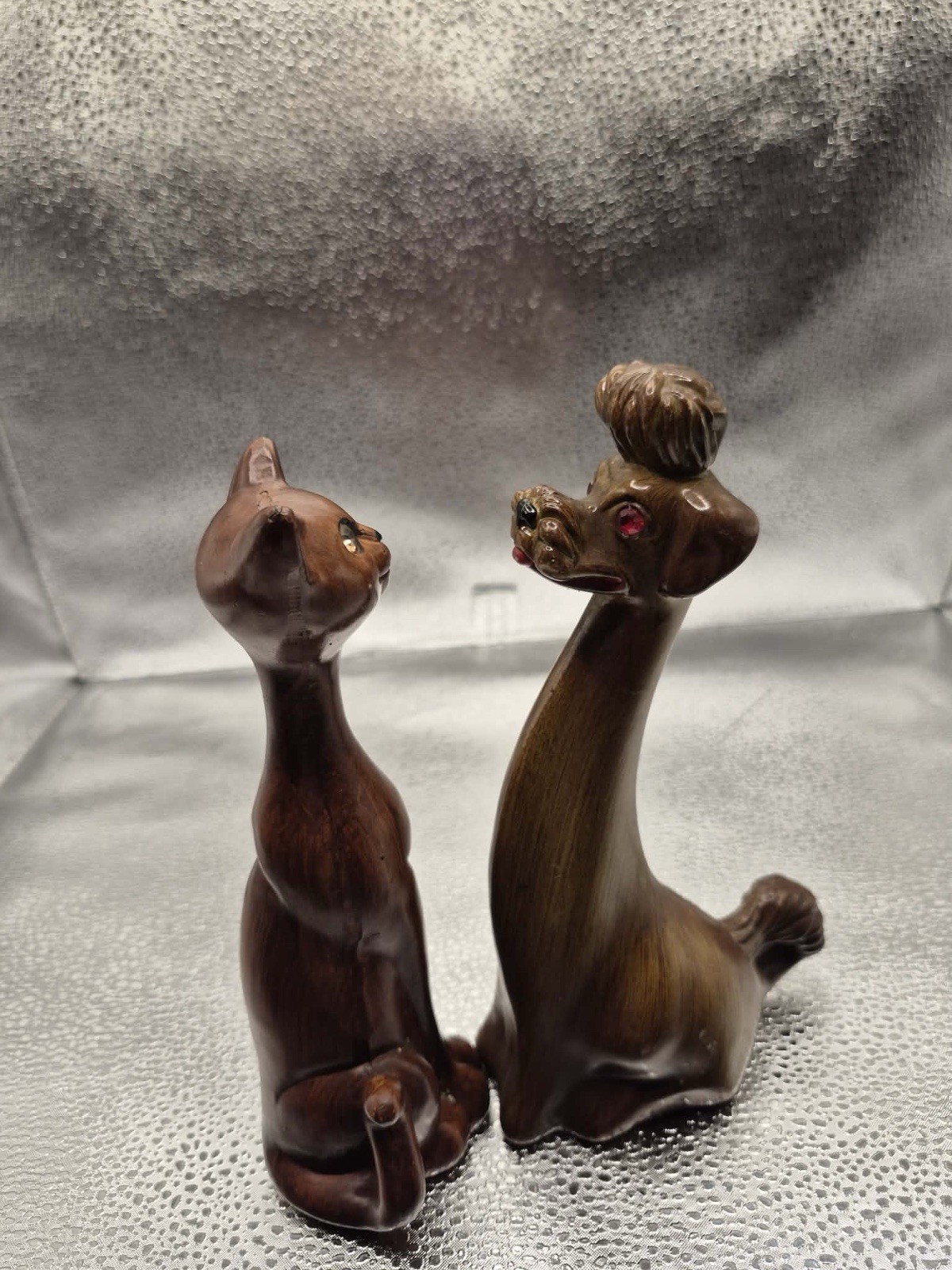 Cute & Kitschy MCM Long Neck Celluloid Cat & Poodle Dog Retro Midcentury Statues