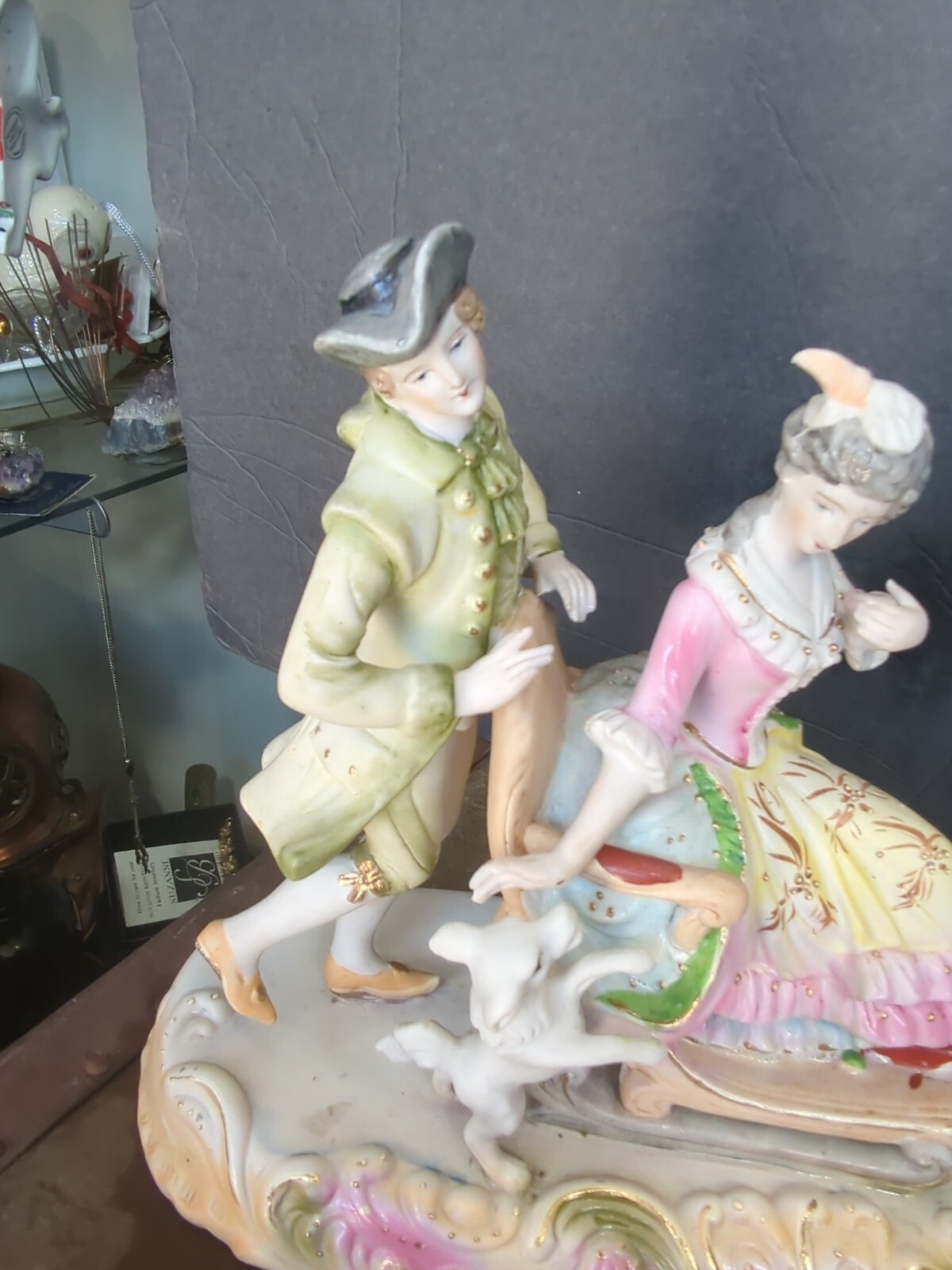 Antique Victorian Bisque Fancy lady man dog Figures Figurine German Statue