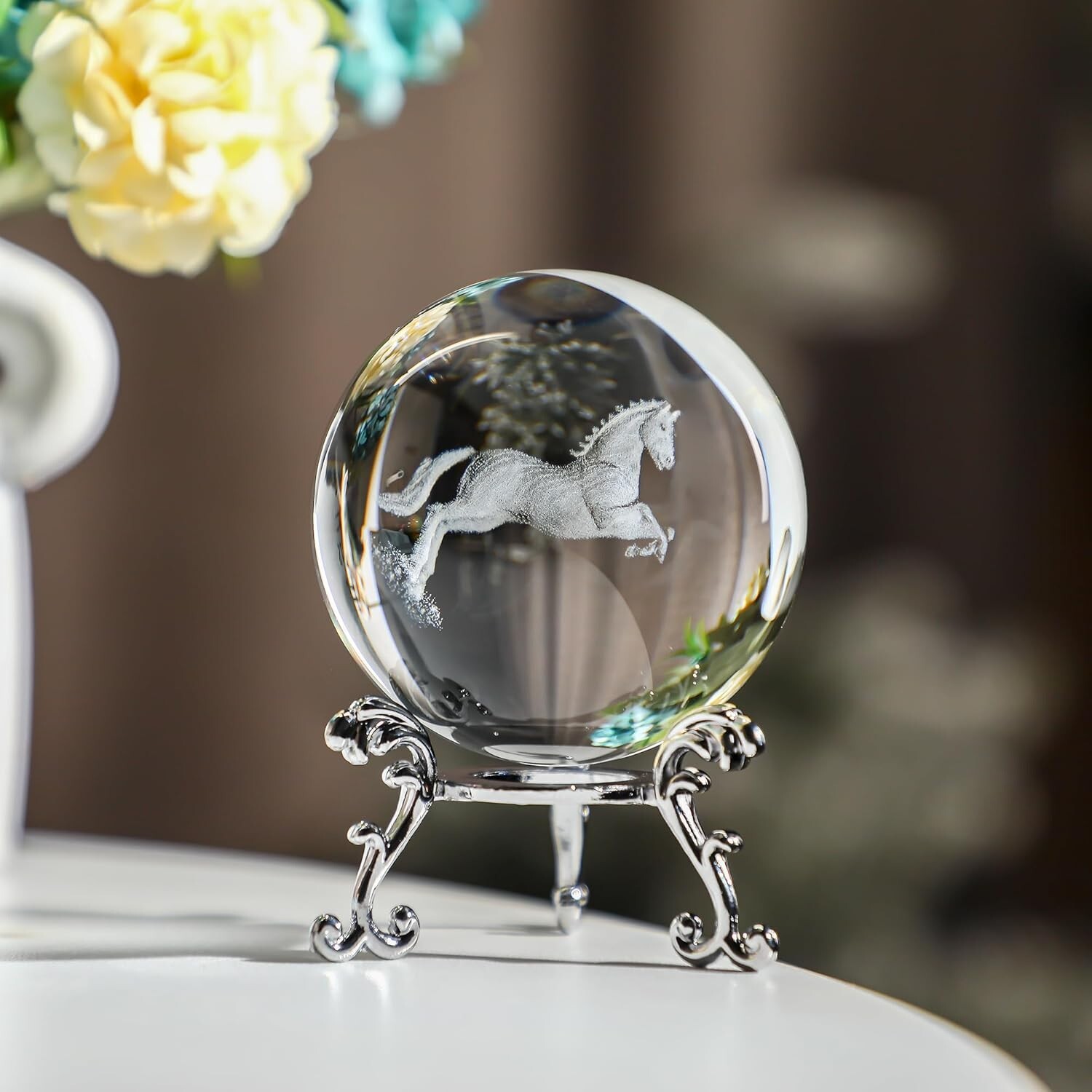HDCRYSTALGIFTS 60mm 3D Carving Horse Decor Crystal Ball Paperweight 2.36inch