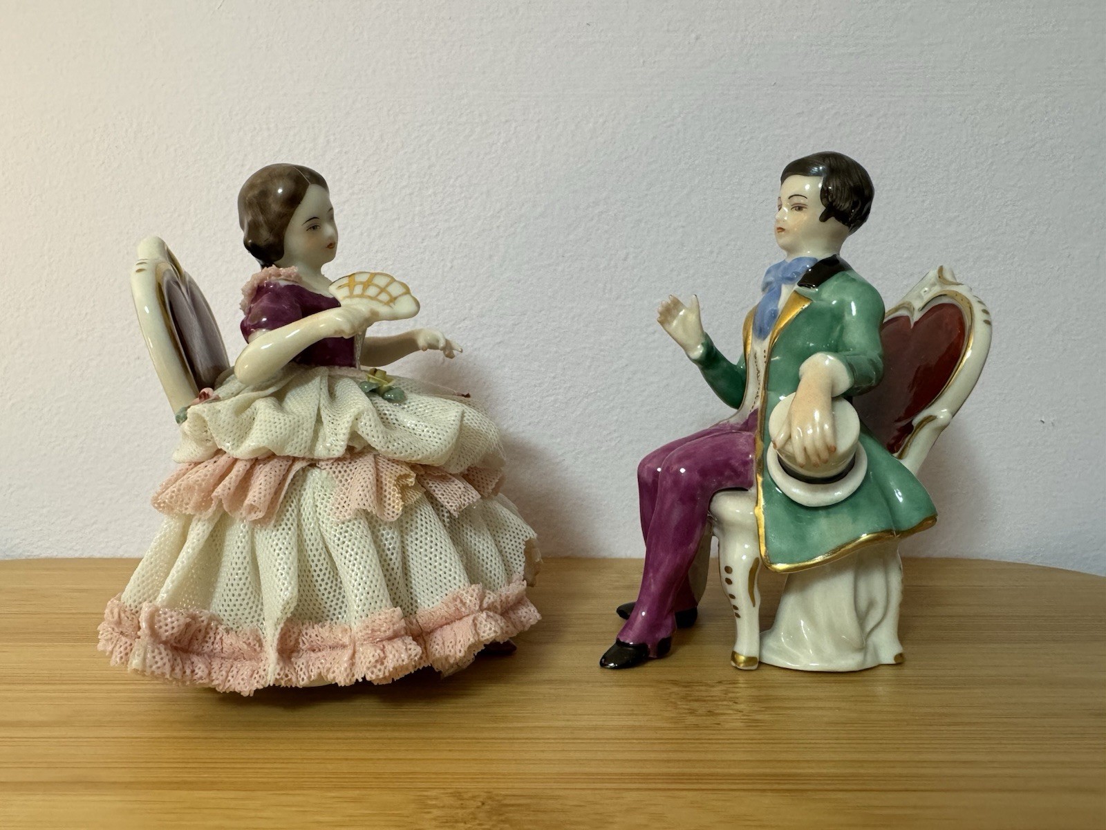 Antique German Dresden Porcelain Lace Couple Small Sizes Figurines Set Of 2