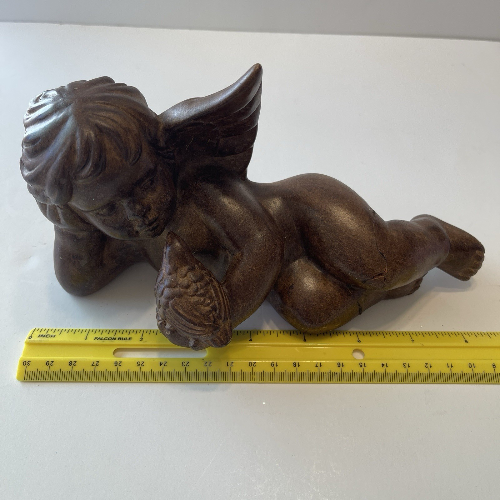 Vintage Reclining Cherub Angel Statue Ceramic Religious Decor Patina