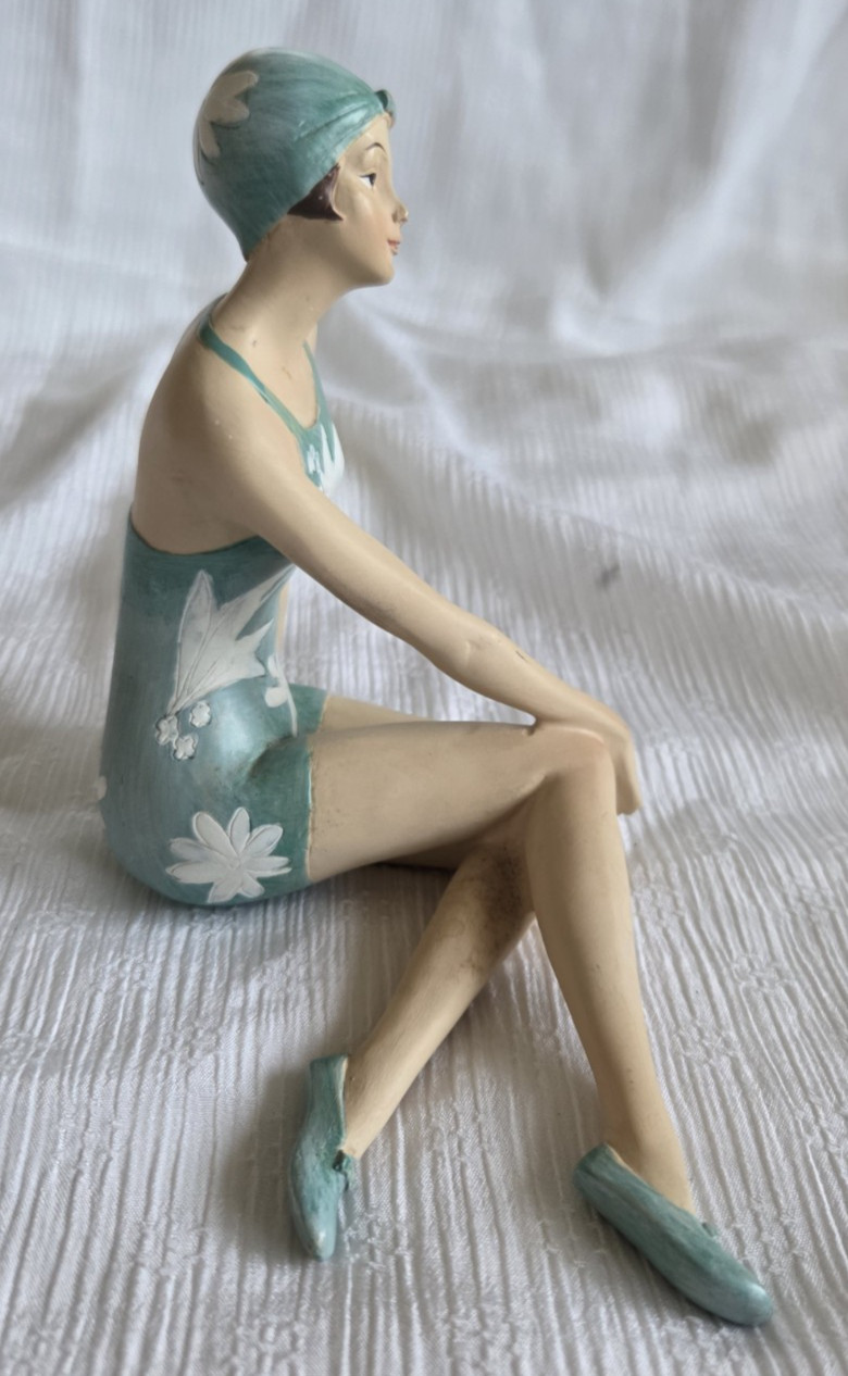 3 Art Deco Bathing Beauty Figurines Teal Blue Flower Swim Suit Retro Beach Babes