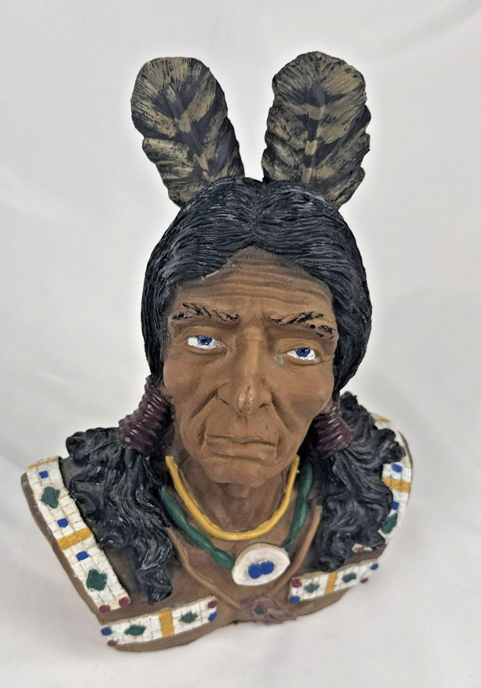 Native American Chief Bust Statue Brown Blue Eyes Two Feathers 11″ FREE SHIP