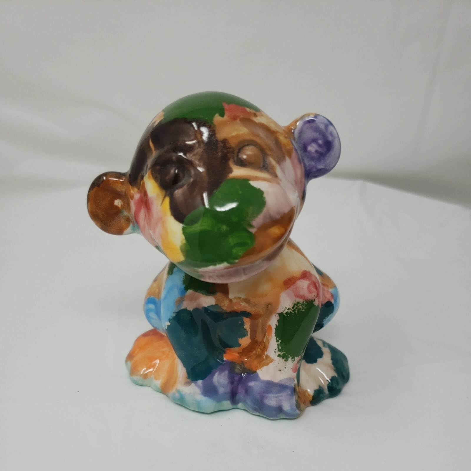Vintage Decoupage Monkey Porcelain Ceramic Figurine Abstract Multicolored