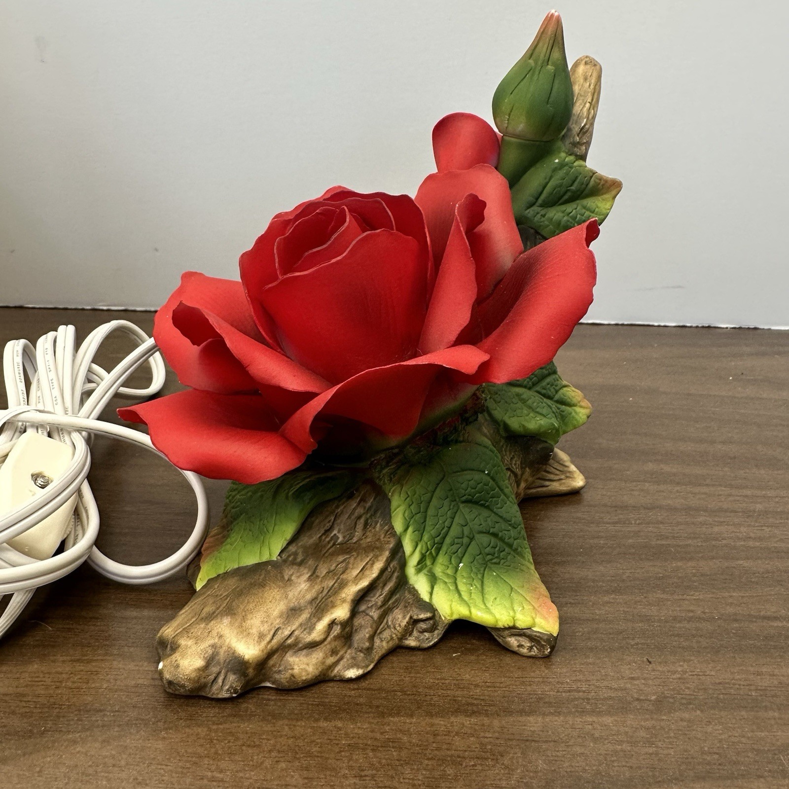 Porcelain NightLight Red Rose On A Log Lighted Figurine Rosebud Floral Garden