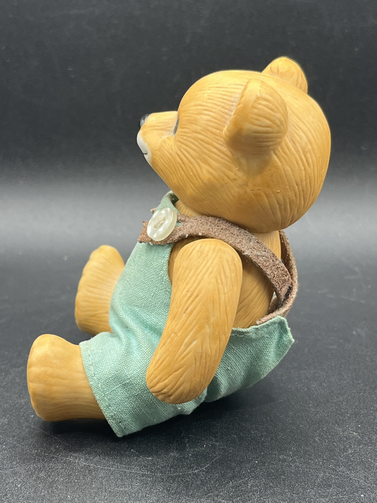 Homco Porcelain Jointed Teddy Bear Boy w/ Fabric Overalls – Taiwan Vtg 3.5″