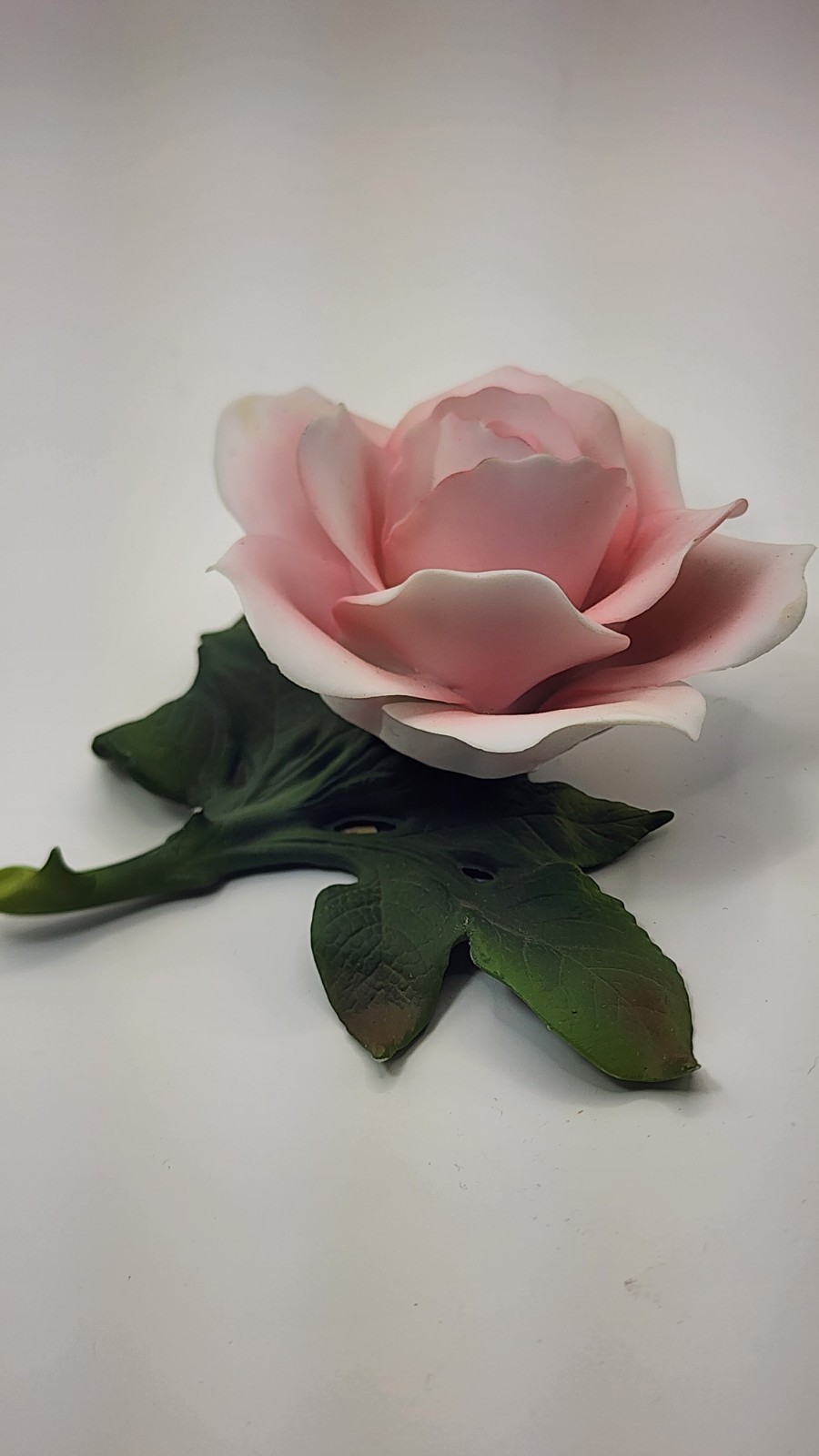 Vintage Goebel Germany Porcelain Pink Rose Stem and Green Leaves Figurine