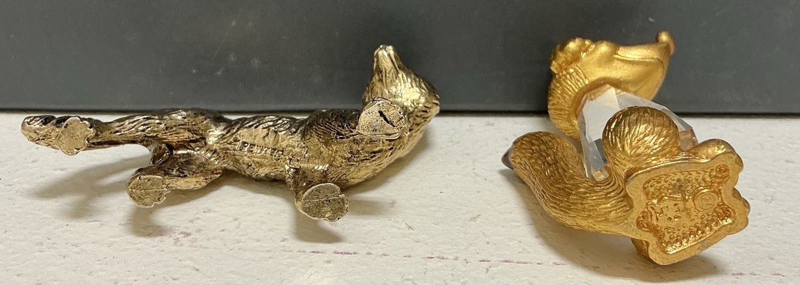 2 Fox Figurines Lencia Crystal Gold Plated Pewter