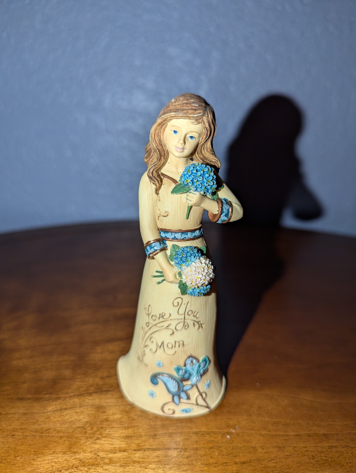 Perfectly Paisley “Love You Mom” Figurine girl with blue flowers. Mother. Girl