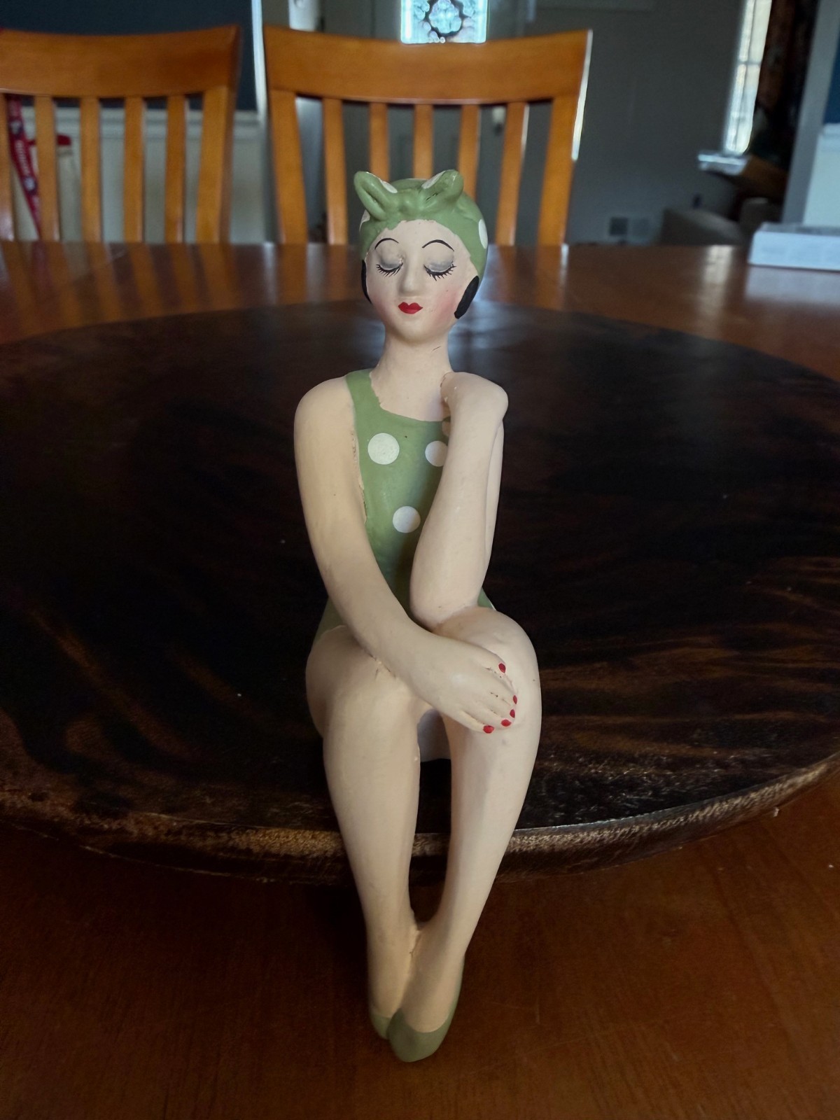 1920s Bathing Beauty Shelf Sitter Green and White Polka Dot