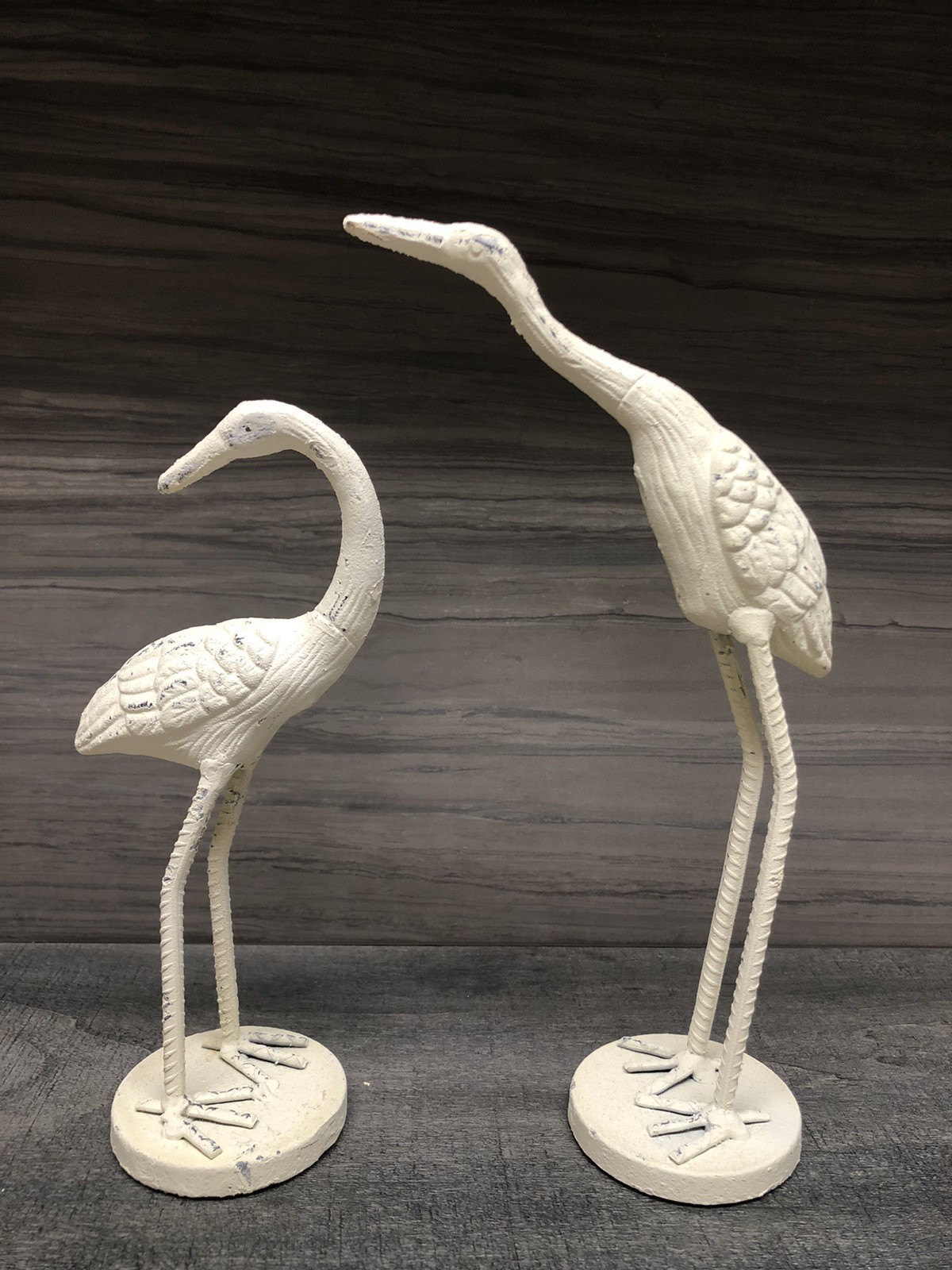 Pair Of Distressed White Metal Coastal Bird Sculptures 10” And 12” Tall