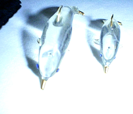 (2) Clear Crystal Dolphin Figurines with Blue Eyes & Gold Tipped Fins- off Stand