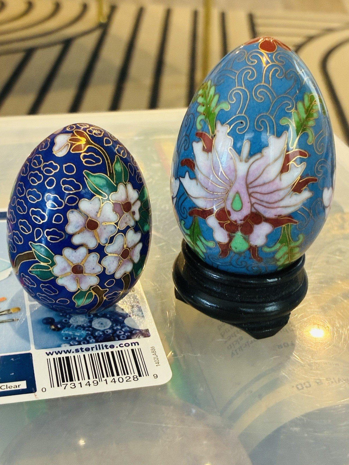 Set of 2 Blue Multicolor Floral Cloisonné Metal Collector Egg Figurines