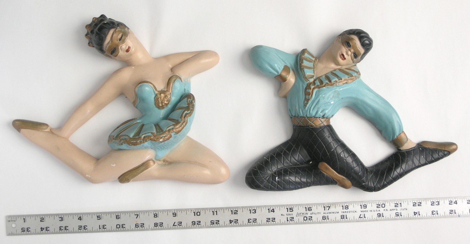 Vintage 1950s Male & Female Harlequin Ballet Dancer Duo Chalkware Wall Plaques