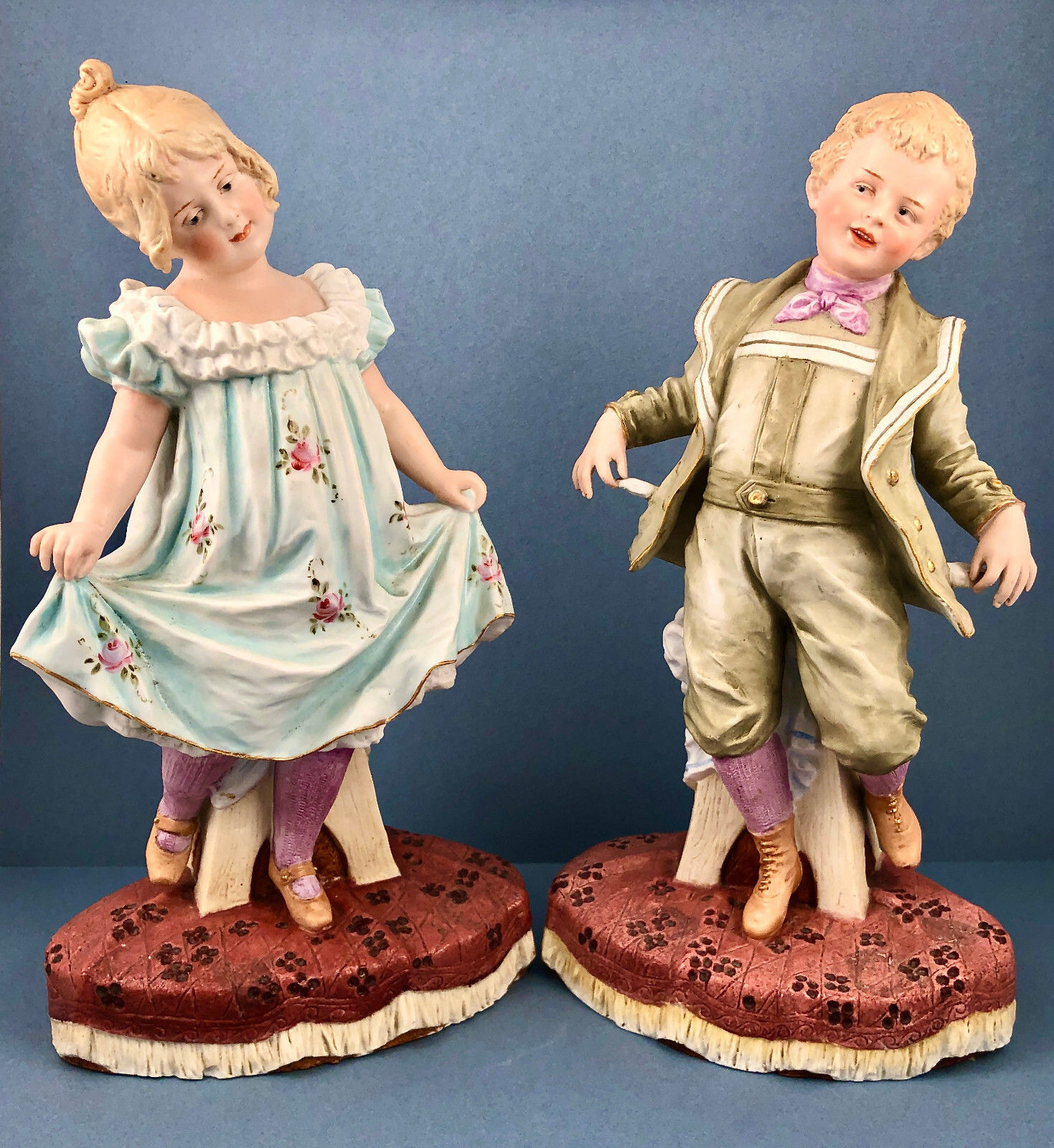 Antique Pair Bisque Figurines, Gebr. Heubach, Dancing Children, 1880s