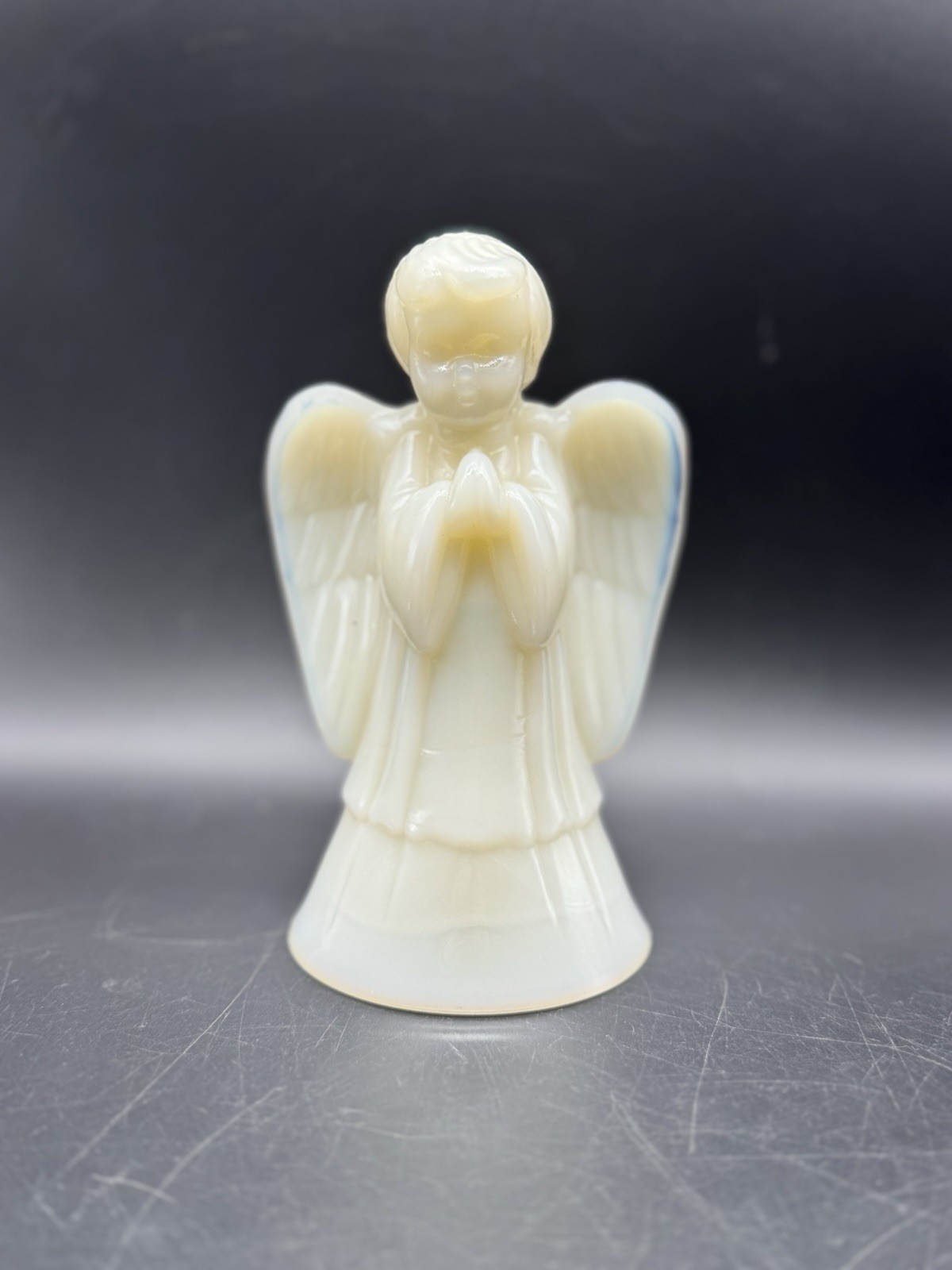 Fenton Glass Glossy White Opalescent Boy Praying Angel 6″ Figurine No Chips Etc
