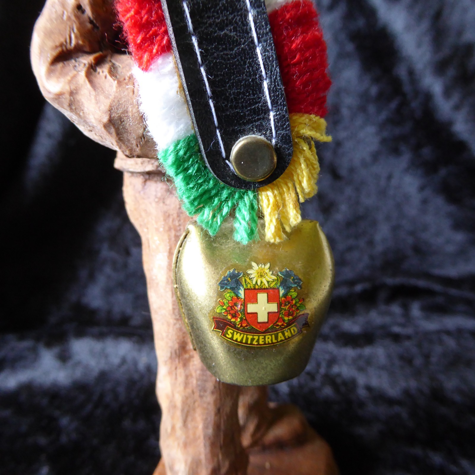 Vintage Hand Carved Wooden Swiss Man Holding Cow Bells Figure 7″ Tall