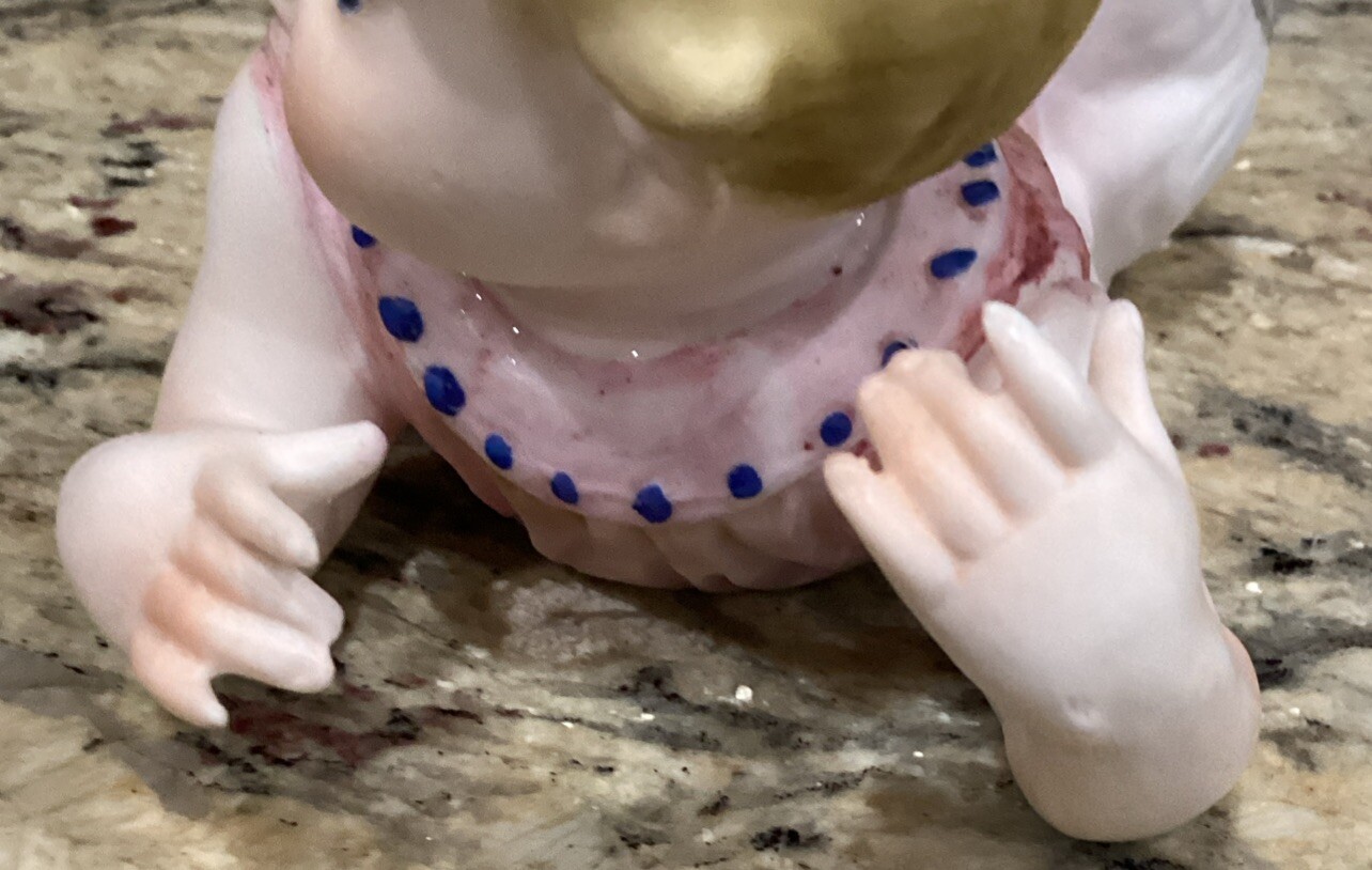 BABY GIRL W KITTEN BISQUE PIANO BABY FIGURINE 6 3/4”L Delicate Fingers No Flaws